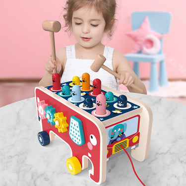 MindKiddo® Montessori Animal Bus – Wooden Pounding Toy & Musical Bench for Toddlers